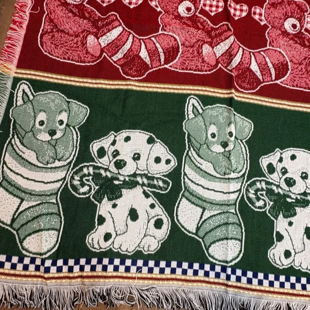 American Weavers Throw Blanket‎ Tapestry Puppy Teddy Stockings USA Holiday VTG